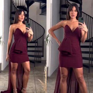 NWT | Katie May Ali Strapless Draped High Low Dress Wine Burgundy Small